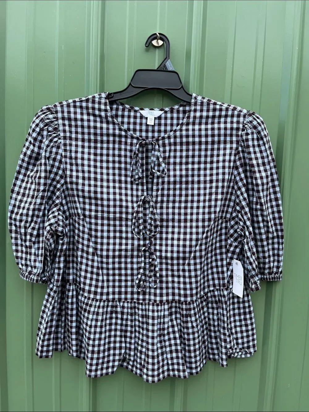 Women's L Blooming Blue Tie Front Peplum Top w/Short Puff Sleeves Size XXXL